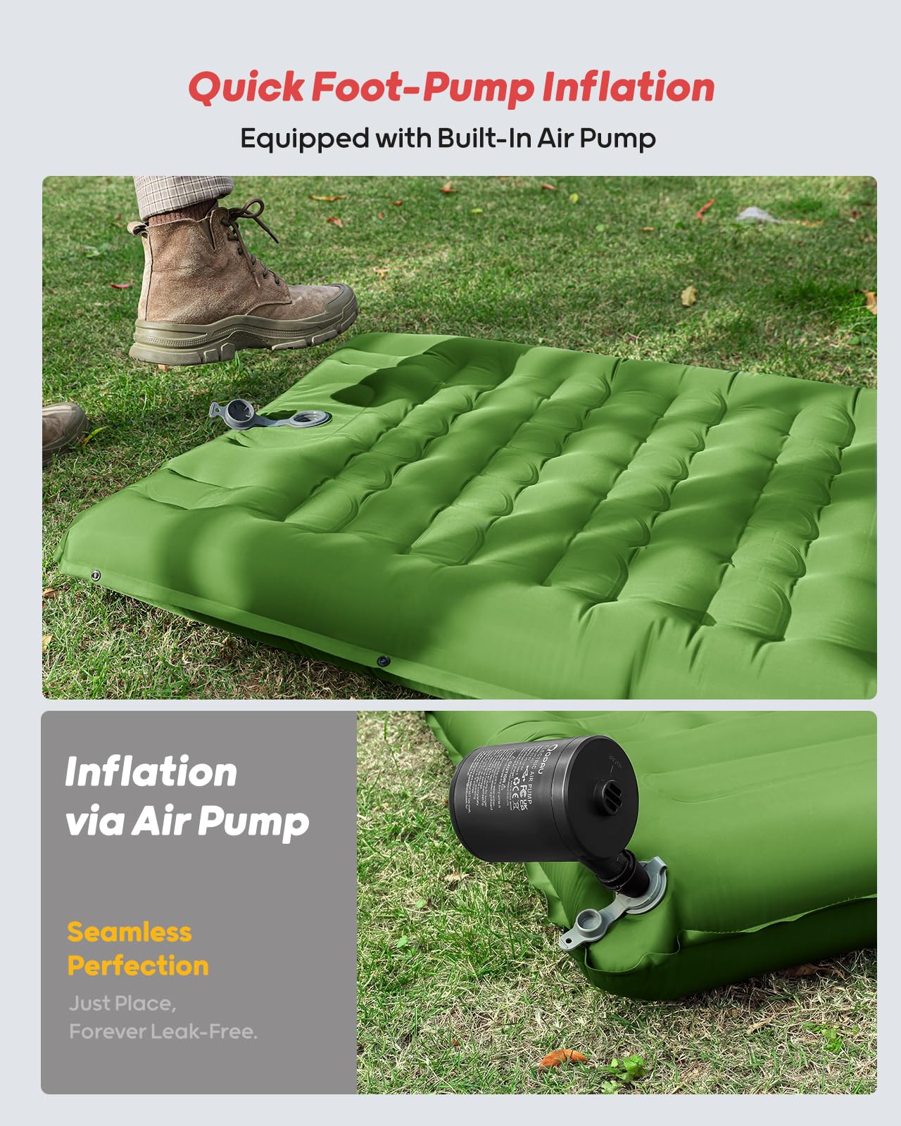Camping Sleeping Pad - 76''x26'' with Built - in Foot Pump - QPAU
