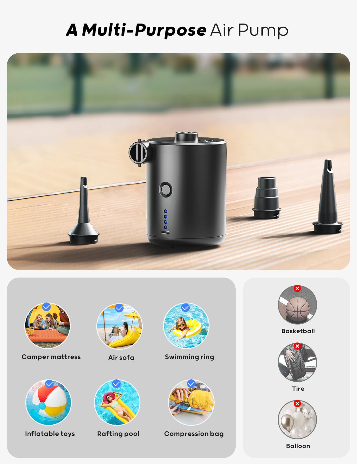 QPAU Electric Air Pump with 3 Nozzles - QPAU