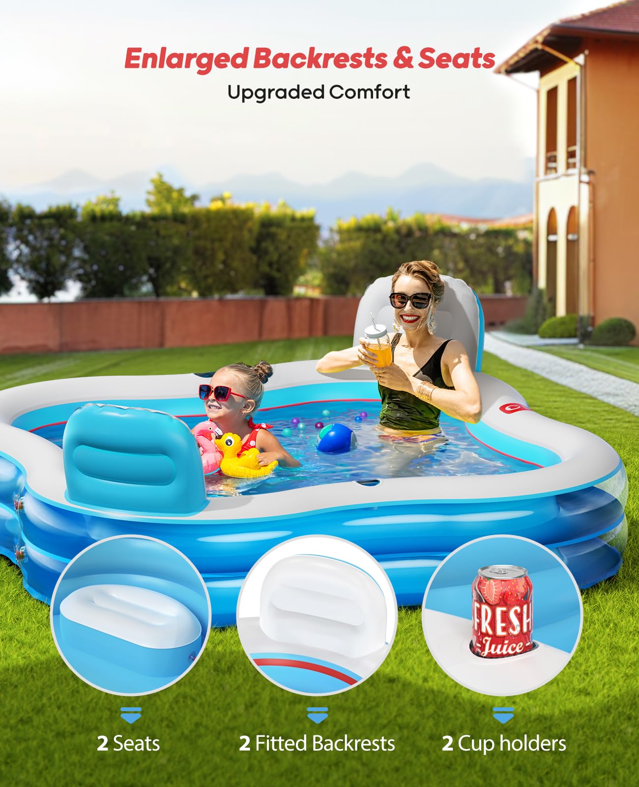 QPAU Inflatable Swimming Pool with 2 Seats and Backrests - QPAU