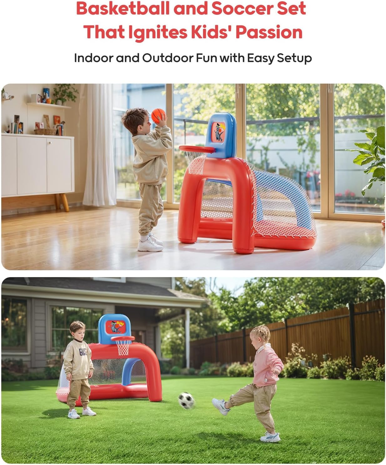 2 - in - 1 Inflatable Basketball Hoop & Soccer Goal Set - QPAU