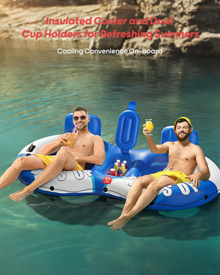 QPAU Inflatable Double River Tube | Cooler & Cup Holders for Family