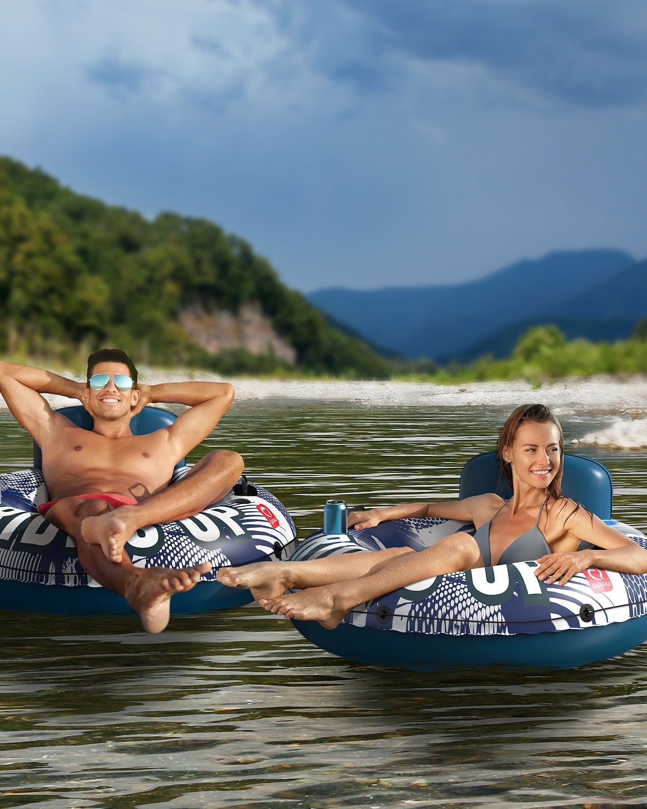 QPAU Heavy Duty Inflatable River Tube with Backrest & Cup Holders - QPAU