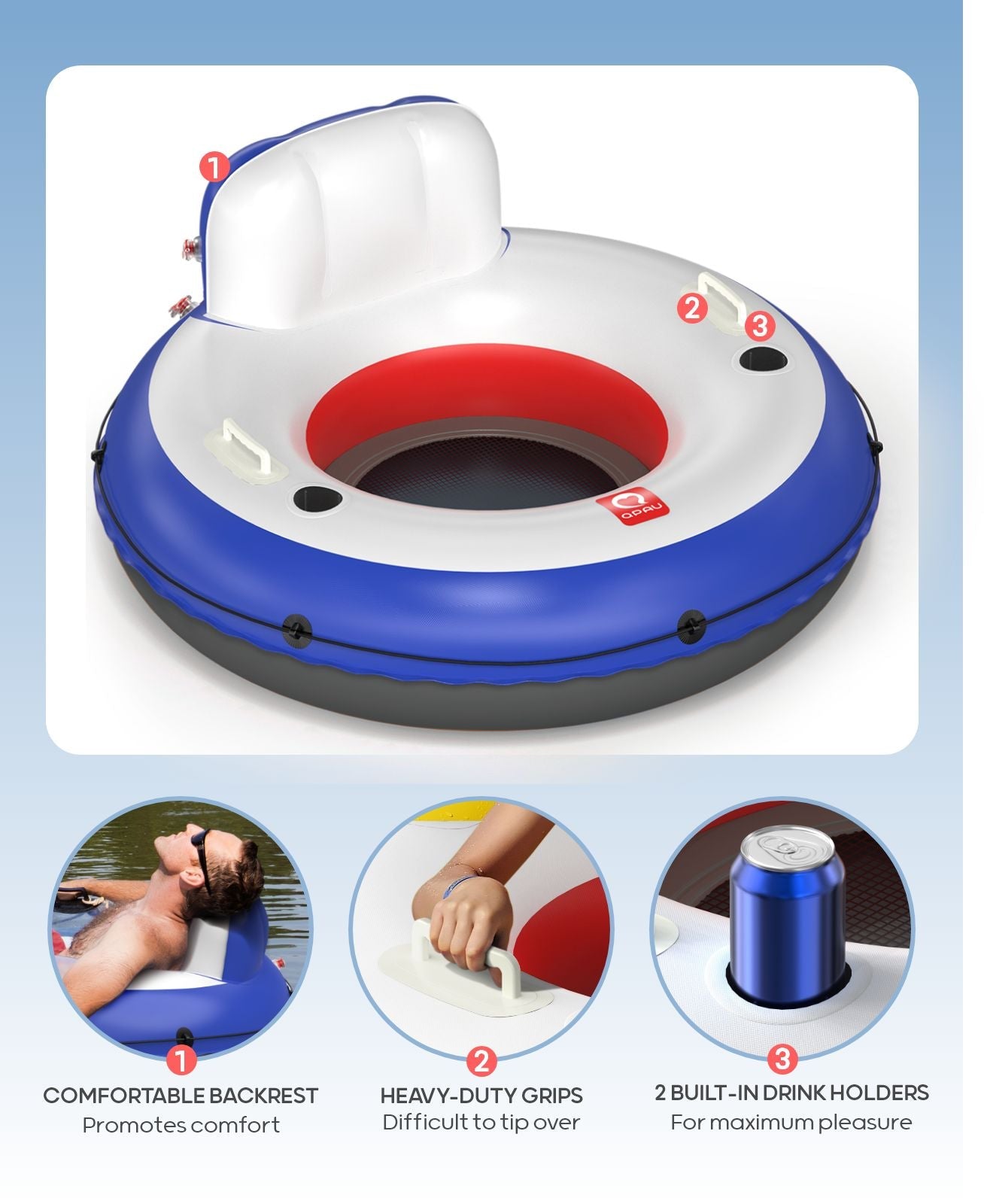 QPAU Heavy Duty Inflatable River Tube with Backrest & Cup Holders - QPAU