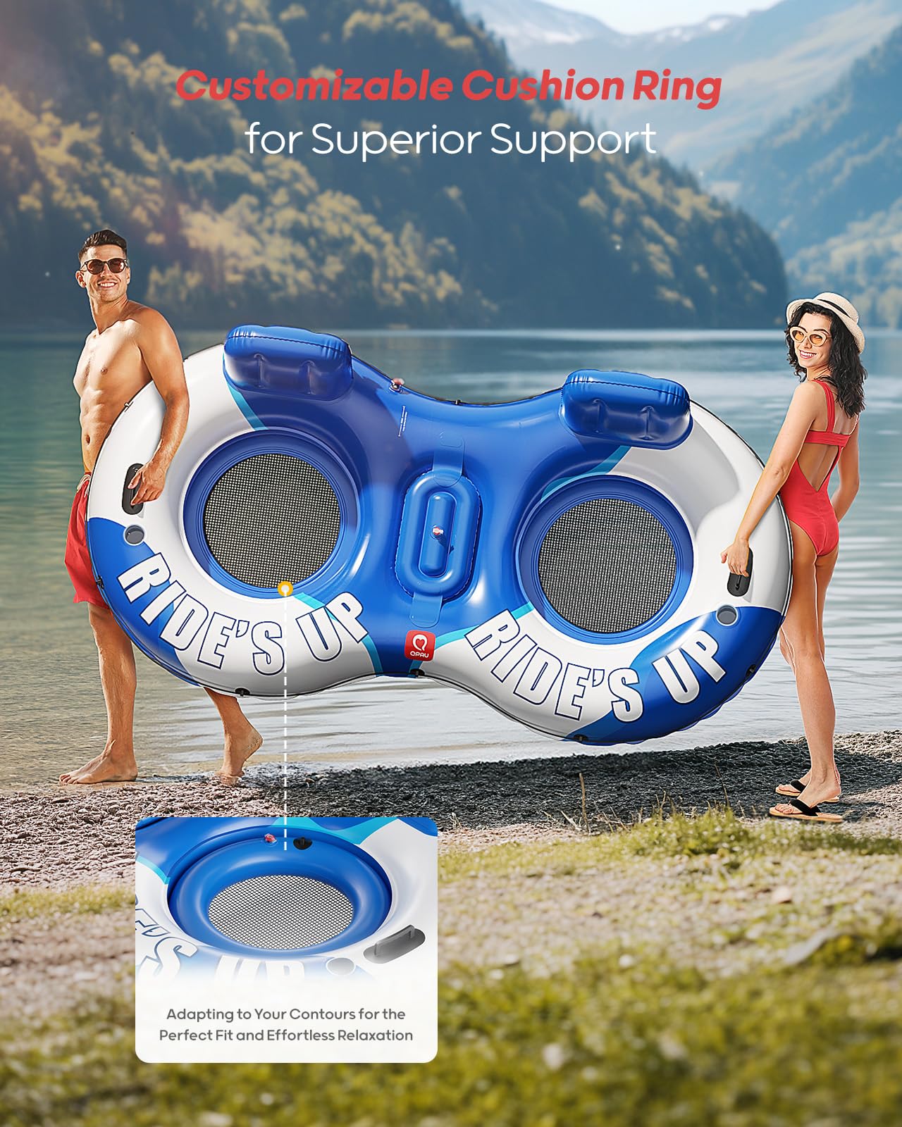 QPAU Inflatable Double River Tube | Cooler & Cup Holders for Family - QPAU