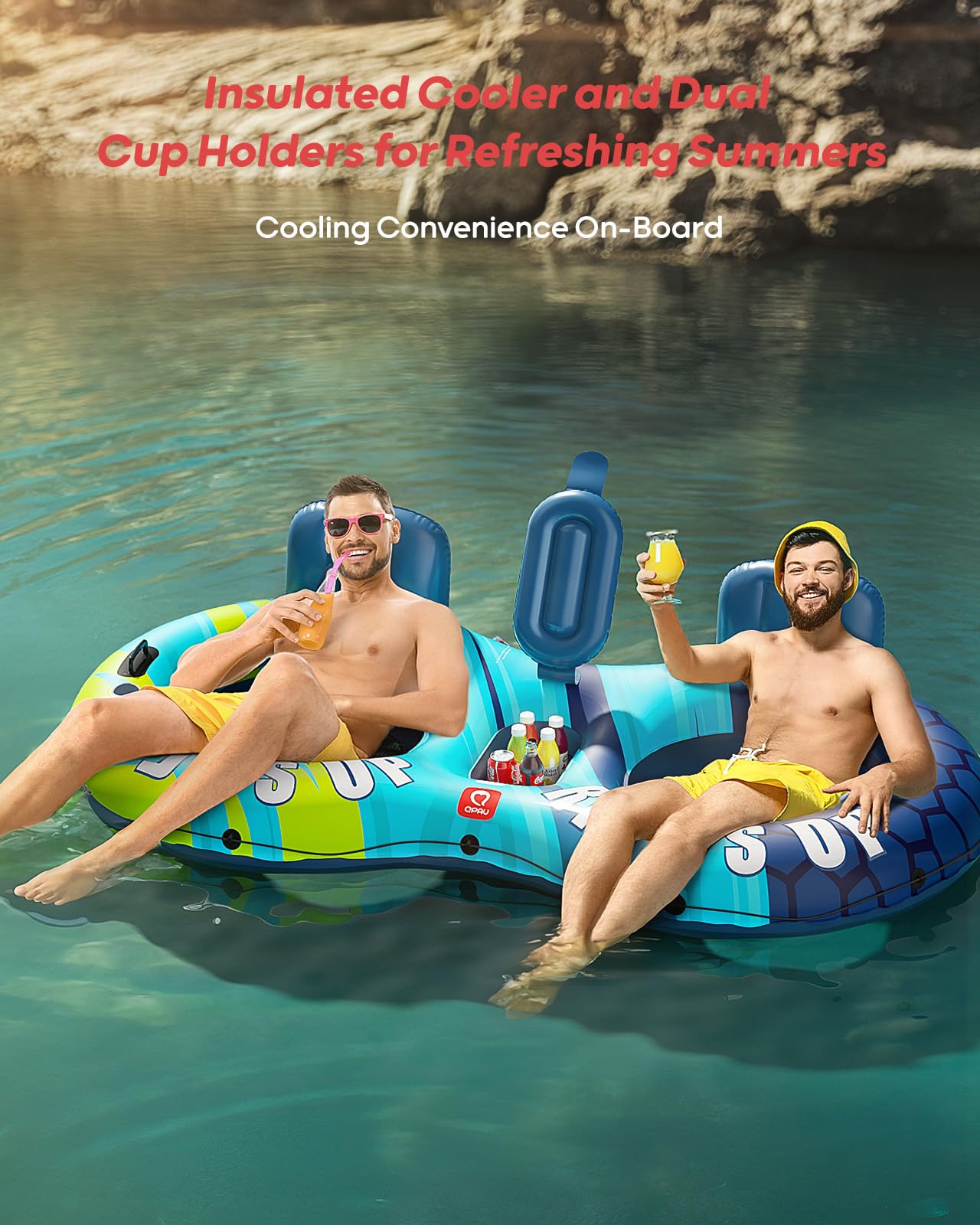 QPAU Inflatable Double River Tube | Cooler & Cup Holders for Family - QPAU