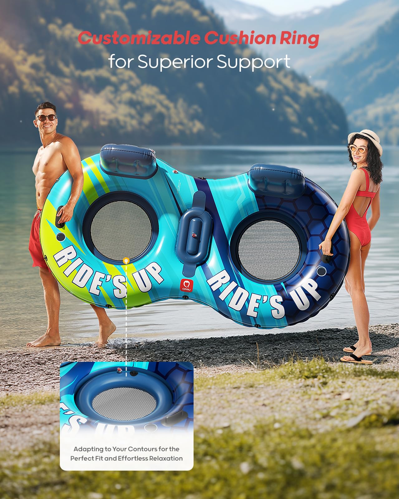 QPAU Inflatable Double River Tube | Cooler & Cup Holders for Family - QPAU