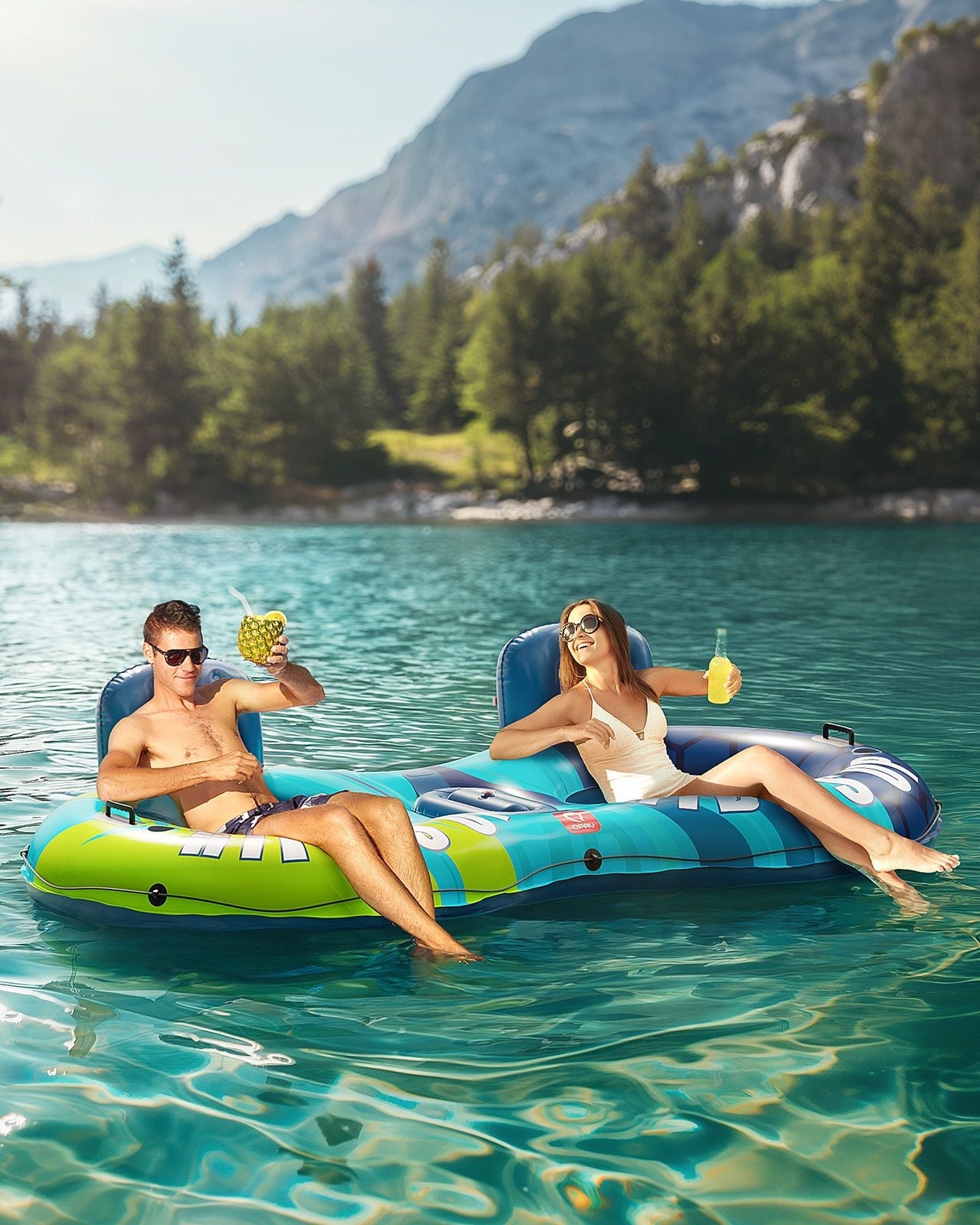 QPAU Inflatable Double River Tube | Cooler & Cup Holders for Family - QPAU